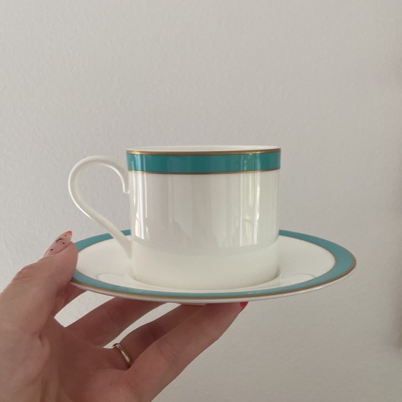 Crate & Barrel tea cup saucer set white teal gold fine bone China coffee - Picture 9 of 13